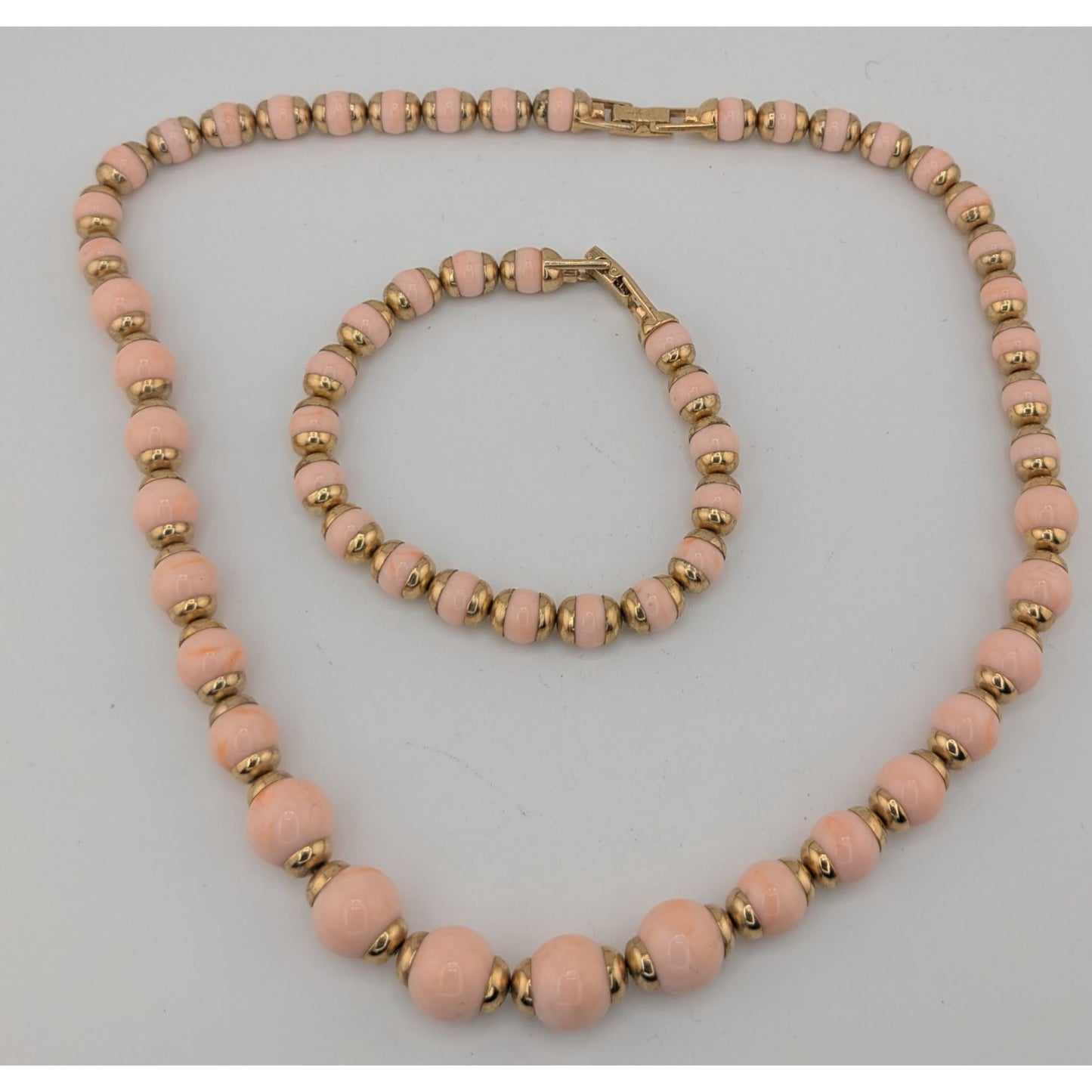 Vintage 80s Avon Necklace & Bracelet Set With Pink Lucite Beads & Gold Tone Accents