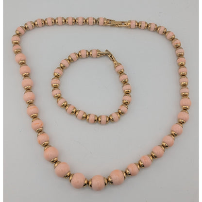Vintage 80s Avon Necklace & Bracelet Set With Pink Lucite Beads & Gold Tone Accents