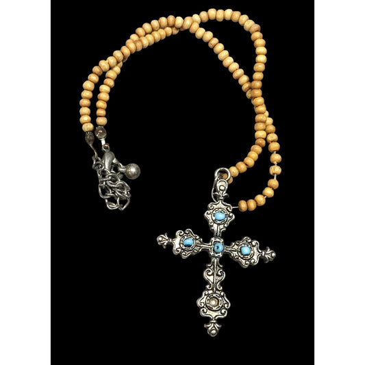 Religious Bohemian Wood Beaded Silver Tone Cross Necklace