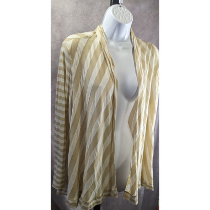 Preppy Fenn Wright Manson Beige & White Striped Open Front Lightweight Cardigan Size M Made In USA