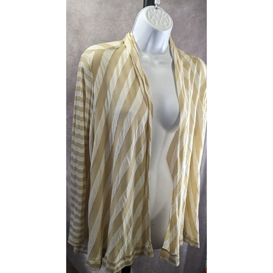 Preppy Fenn Wright Manson Beige & White Striped Open Front Lightweight Cardigan Size M Made In USA