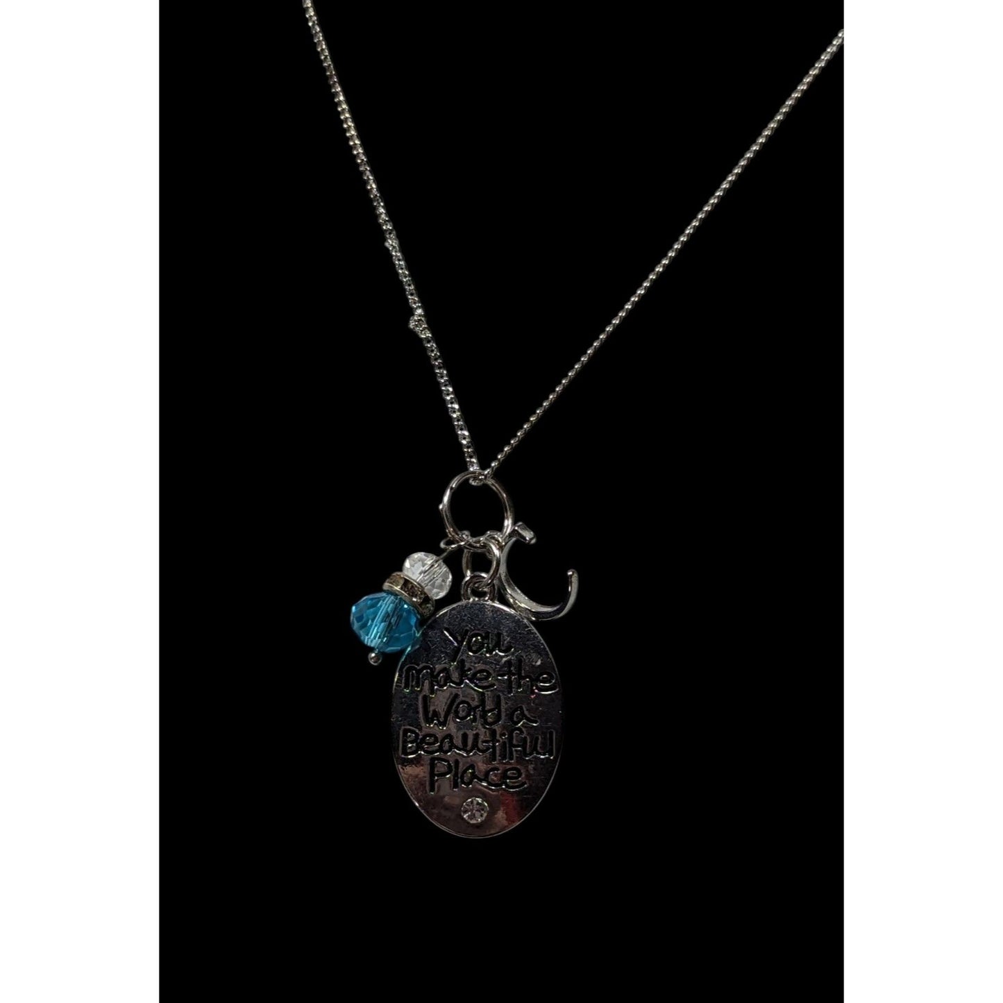 Inspirational Pendant Necklace Silver Tone With Letter C And Blue Gem Charms