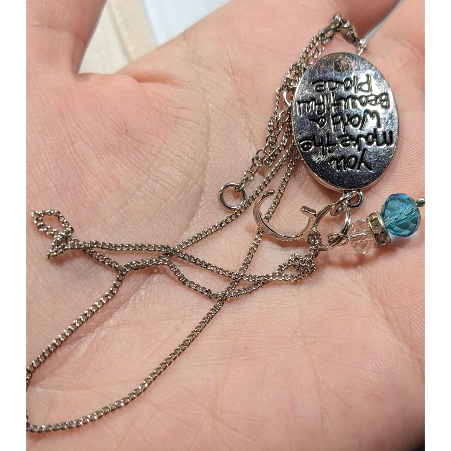 Inspirational Pendant Necklace Silver Tone With Letter C And Blue Gem Charms