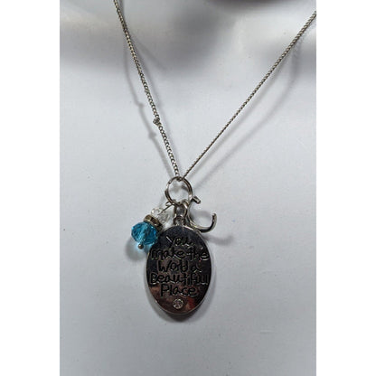 Inspirational Pendant Necklace Silver Tone With Letter C And Blue Gem Charms