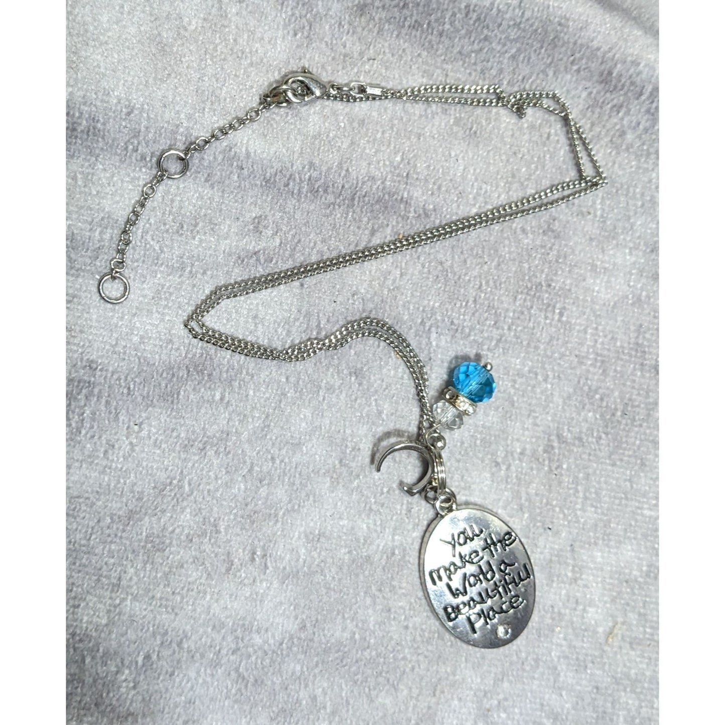 Inspirational Pendant Necklace Silver Tone With Letter C And Blue Gem Charms