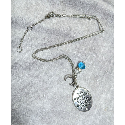 Inspirational Pendant Necklace Silver Tone With Letter C And Blue Gem Charms