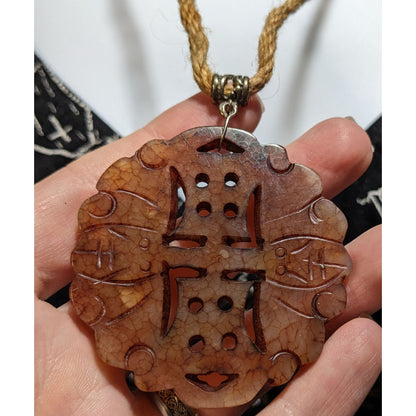 Hand Carved Stone Amulet Necklace Brown Tan Bohemian Fantasy Natural Stone Pendant