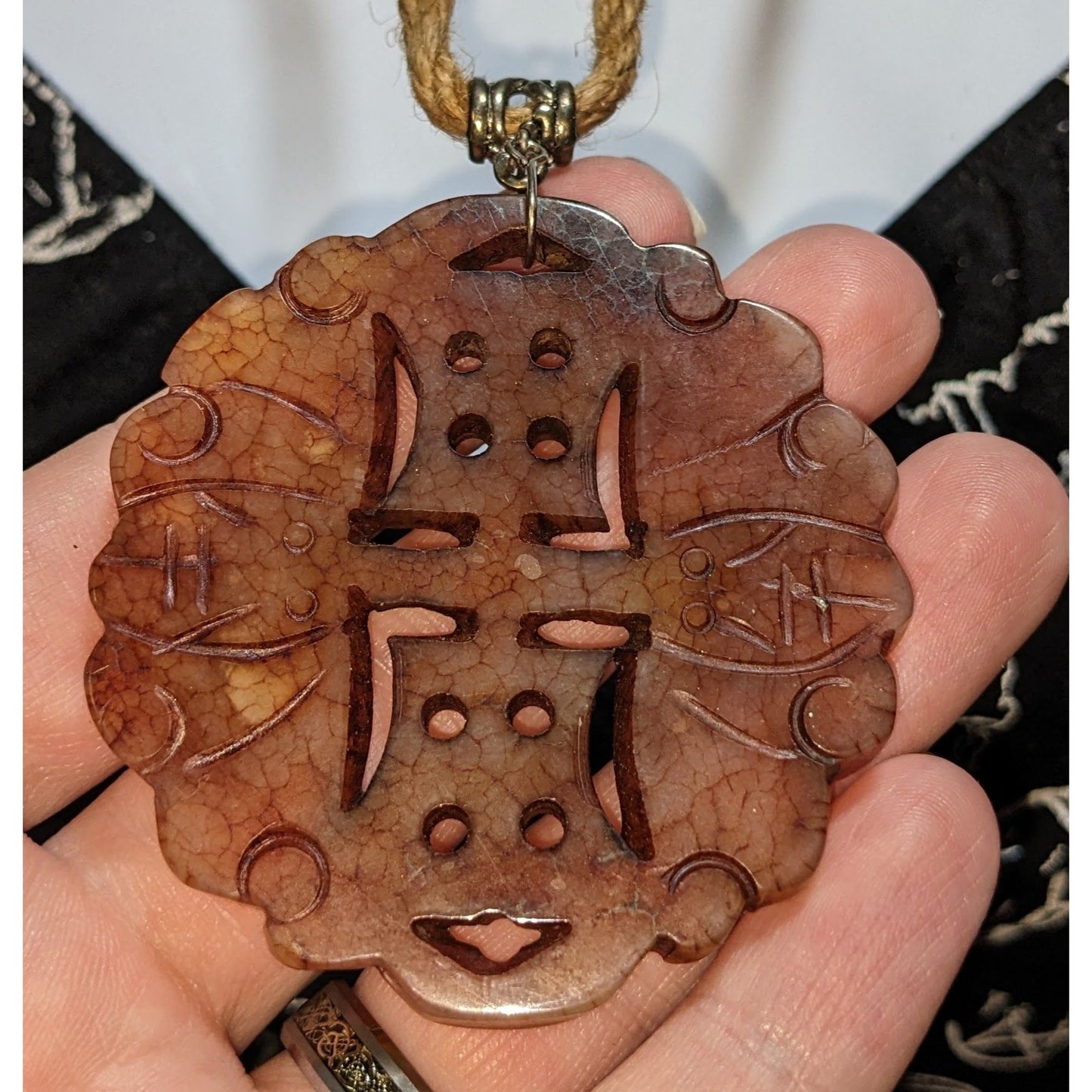 Hand Carved Stone Amulet Necklace Brown Tan Bohemian Fantasy Natural Stone Pendant