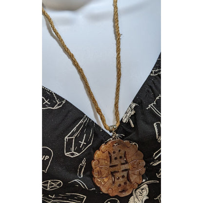 Hand Carved Stone Amulet Necklace Brown Tan Bohemian Fantasy Natural Stone Pendant
