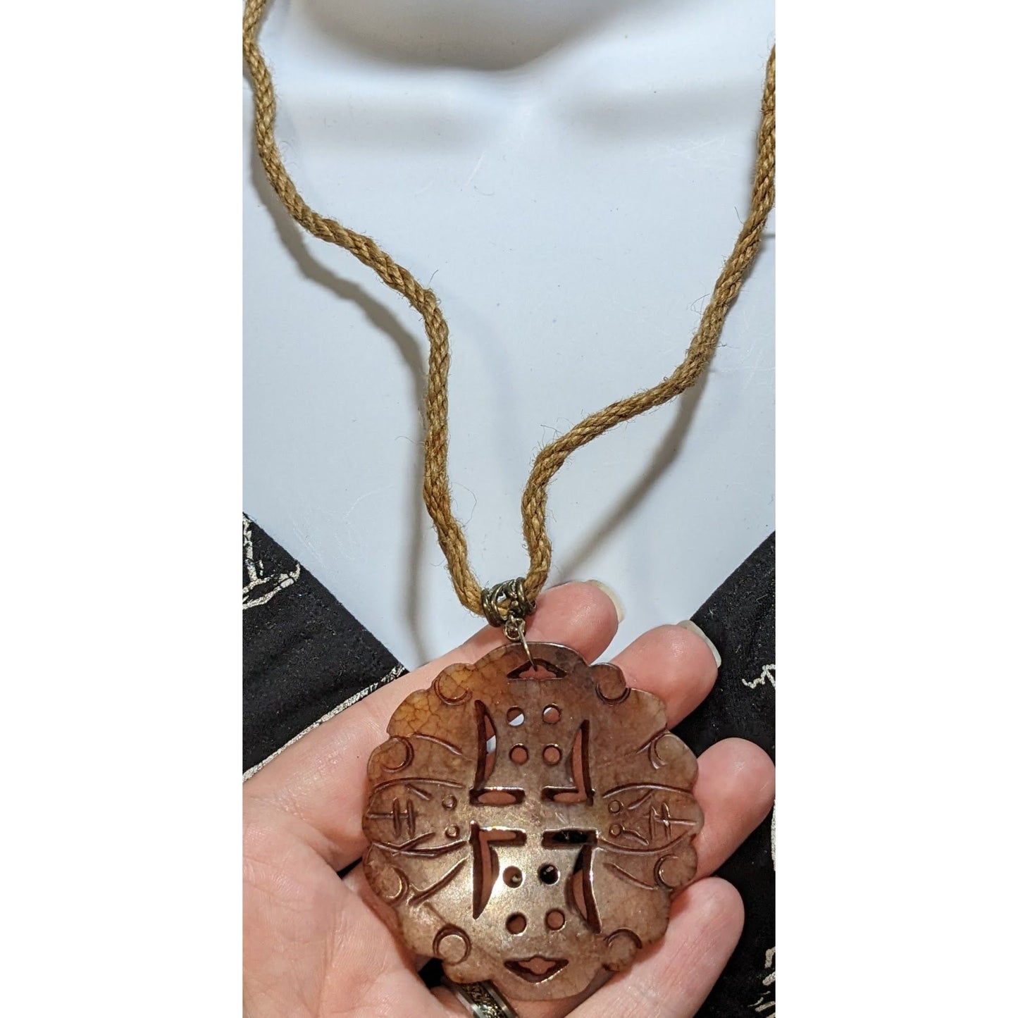 Hand Carved Stone Amulet Necklace Brown Tan Bohemian Fantasy Natural Stone Pendant