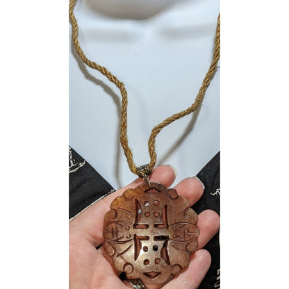 Hand Carved Stone Amulet Necklace Brown Tan Bohemian Fantasy Natural Stone Pendant
