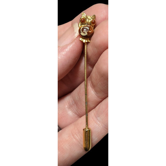 Vintage Owl Brown And Gold Enamel Stick Pin