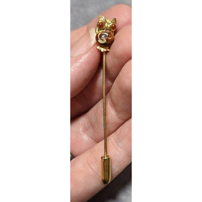 Vintage Owl Brown And Gold Enamel Stick Pin