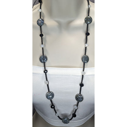 Boho Artisan Handmade Ceramic Glass Beaded Long Black Cord Necklace