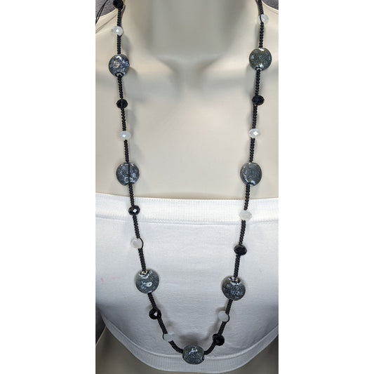Boho Artisan Handmade Ceramic Glass Beaded Long Black Cord Necklace