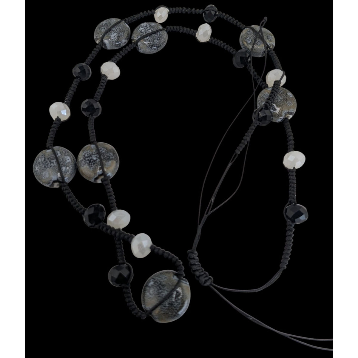 Boho Artisan Handmade Ceramic Glass Beaded Long Black Cord Necklace