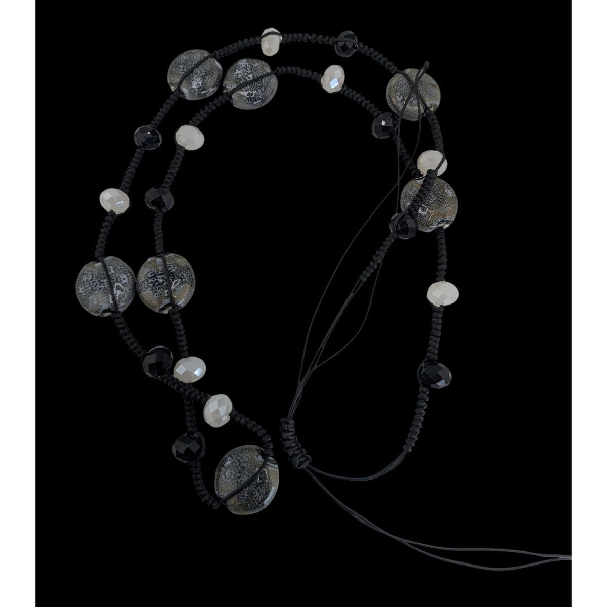 Boho Artisan Handmade Ceramic Glass Beaded Long Black Cord Necklace