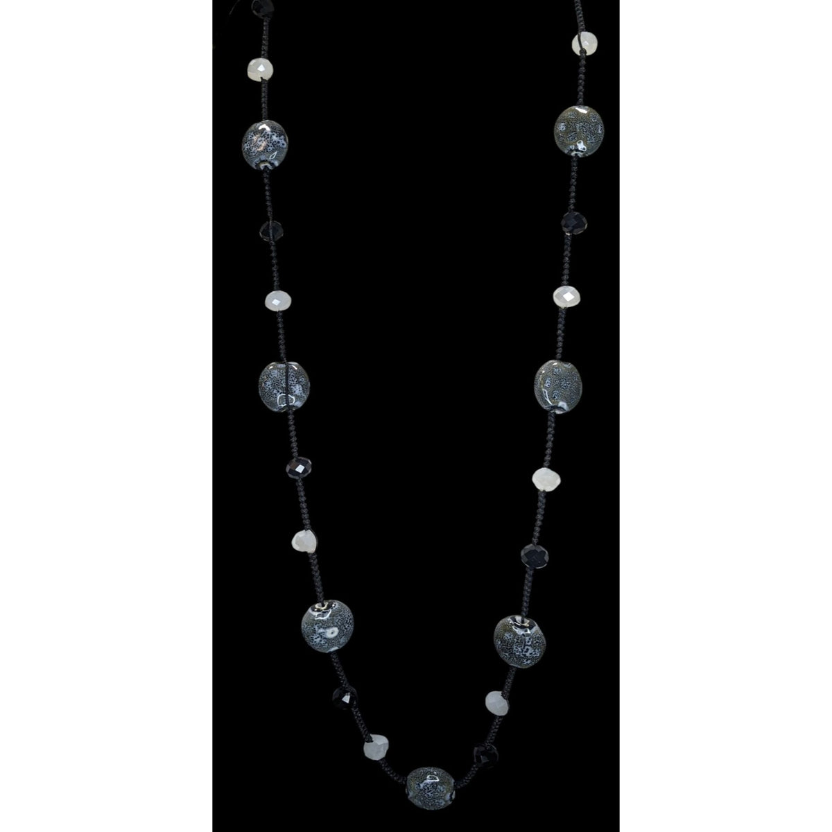 Boho Artisan Handmade Ceramic Glass Beaded Long Black Cord Necklace