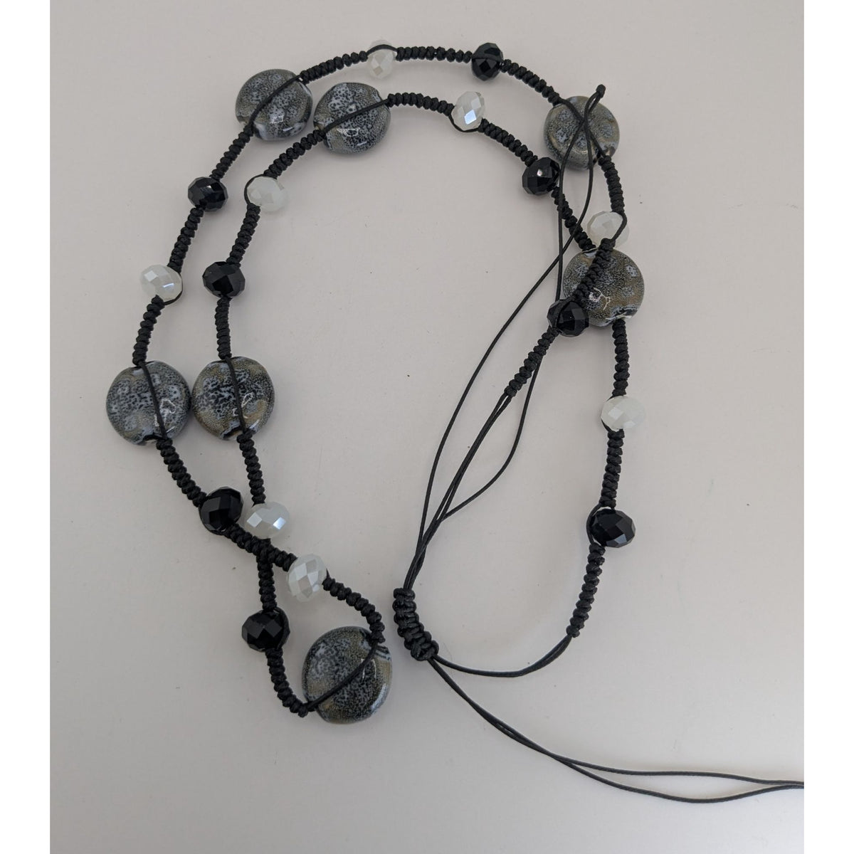 Boho Artisan Handmade Ceramic Glass Beaded Long Black Cord Necklace