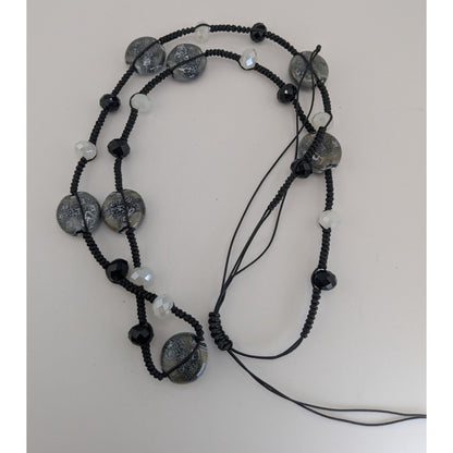 Boho Artisan Handmade Ceramic Glass Beaded Long Black Cord Necklace