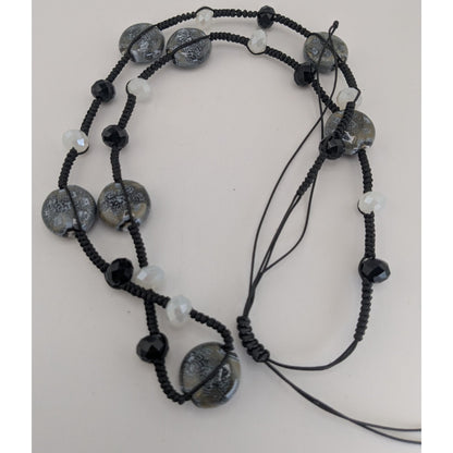 Boho Artisan Handmade Ceramic Glass Beaded Long Black Cord Necklace