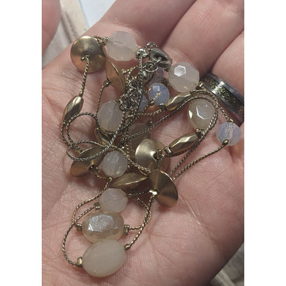 Smokey White Glass And Gold Tone Metal Studded Station Necklace