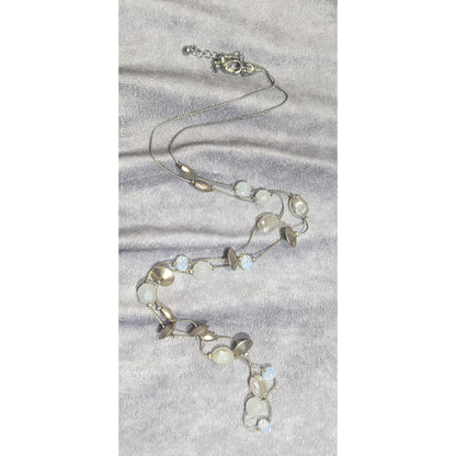Smokey White Glass And Gold Tone Metal Studded Station Necklace