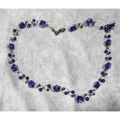 90s Style Blue Beaded Floral Necklace