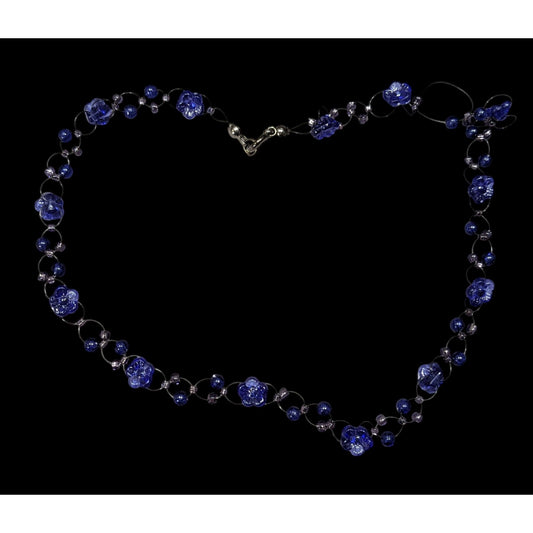 90s Style Blue Beaded Floral Necklace