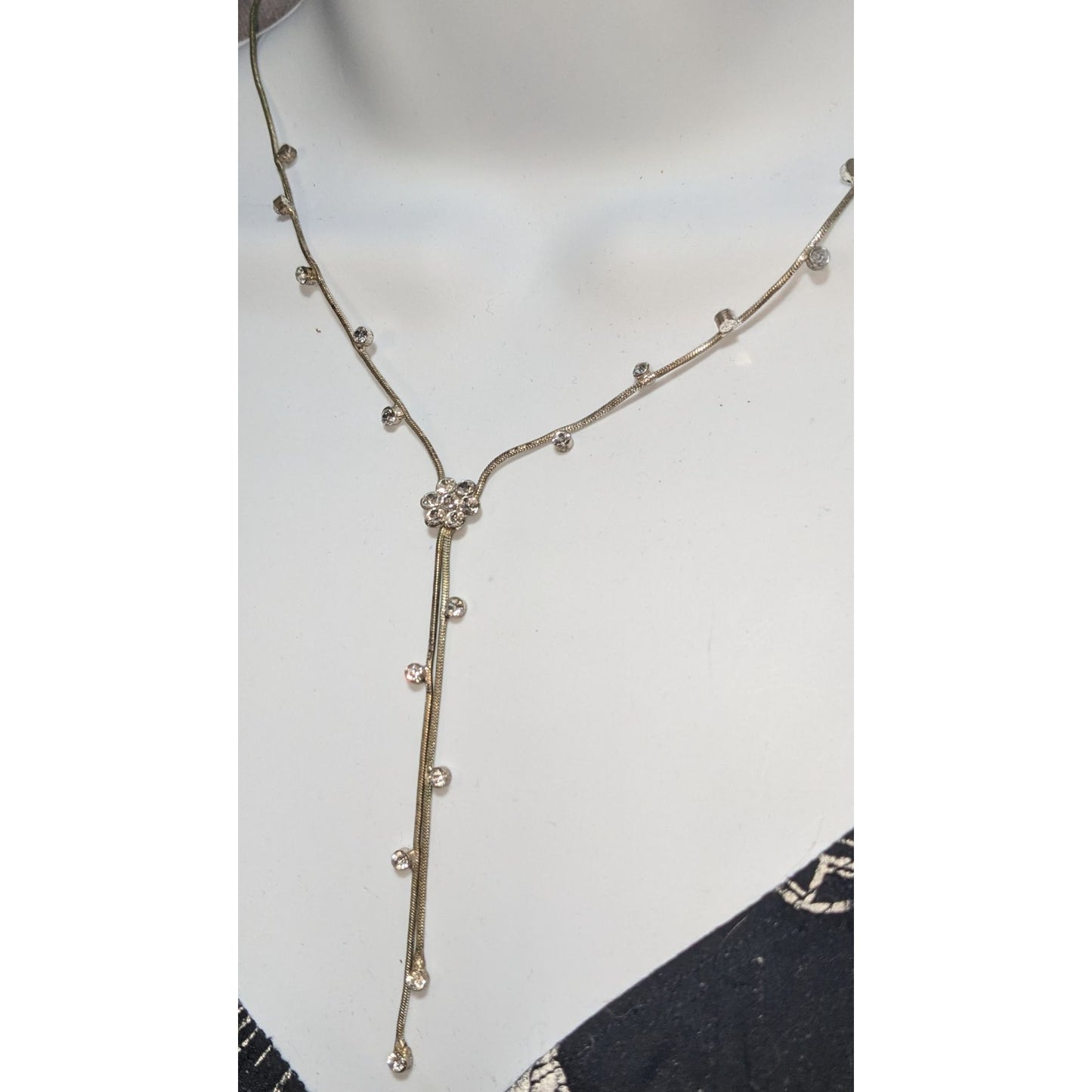 Floral Rhinestone Lariat Necklace Silver Snake Chain Bridal Jewelry