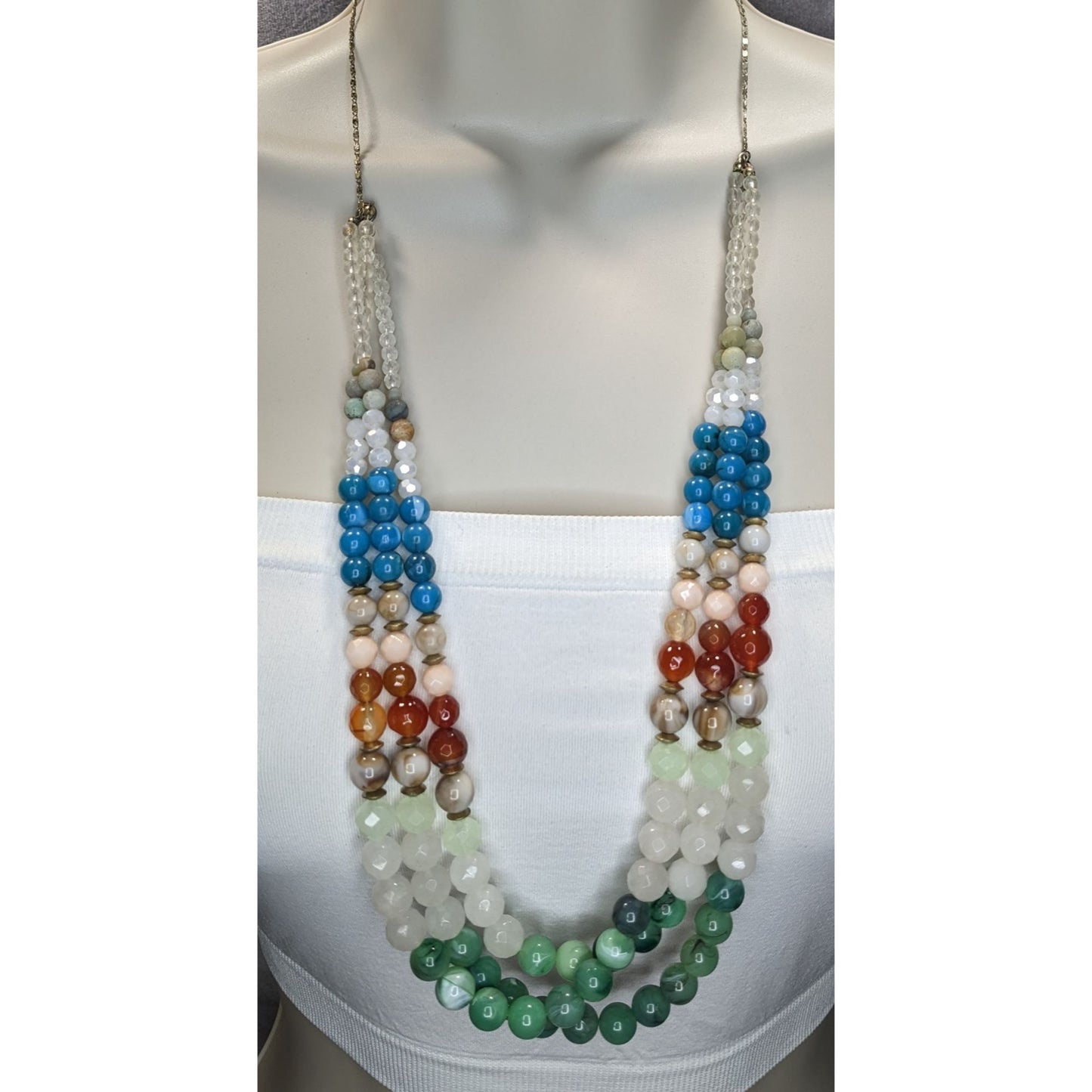 Boho Coastal Loft Multistrand Semi-Precious Stone Beaded Statement Necklace Rainbow