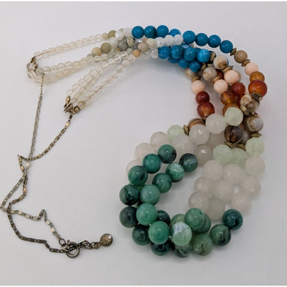 Boho Coastal Loft Multistrand Semi-Precious Stone Beaded Statement Necklace Rainbow
