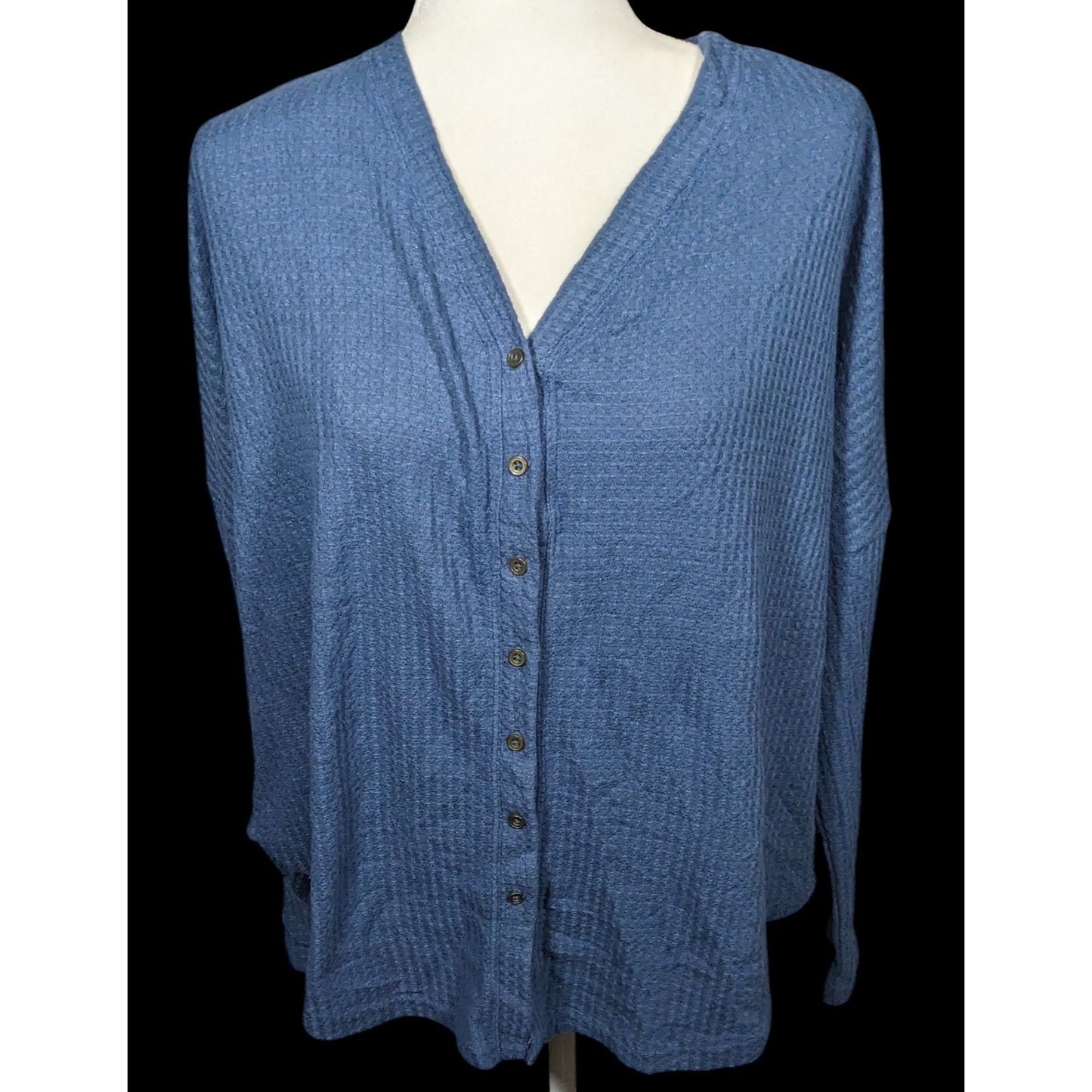 ANA Blue Button Down V Neck Thermal Long Sleeve Top