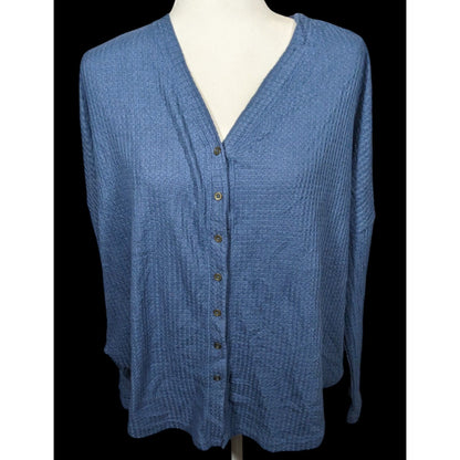 ANA Blue Button Down V Neck Thermal Long Sleeve Top