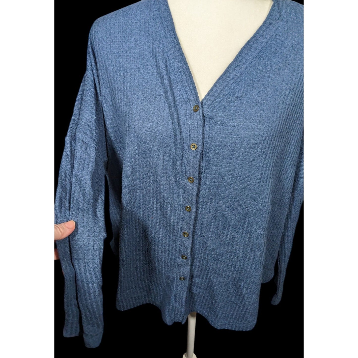 ANA Blue Button Down V Neck Thermal Long Sleeve Top