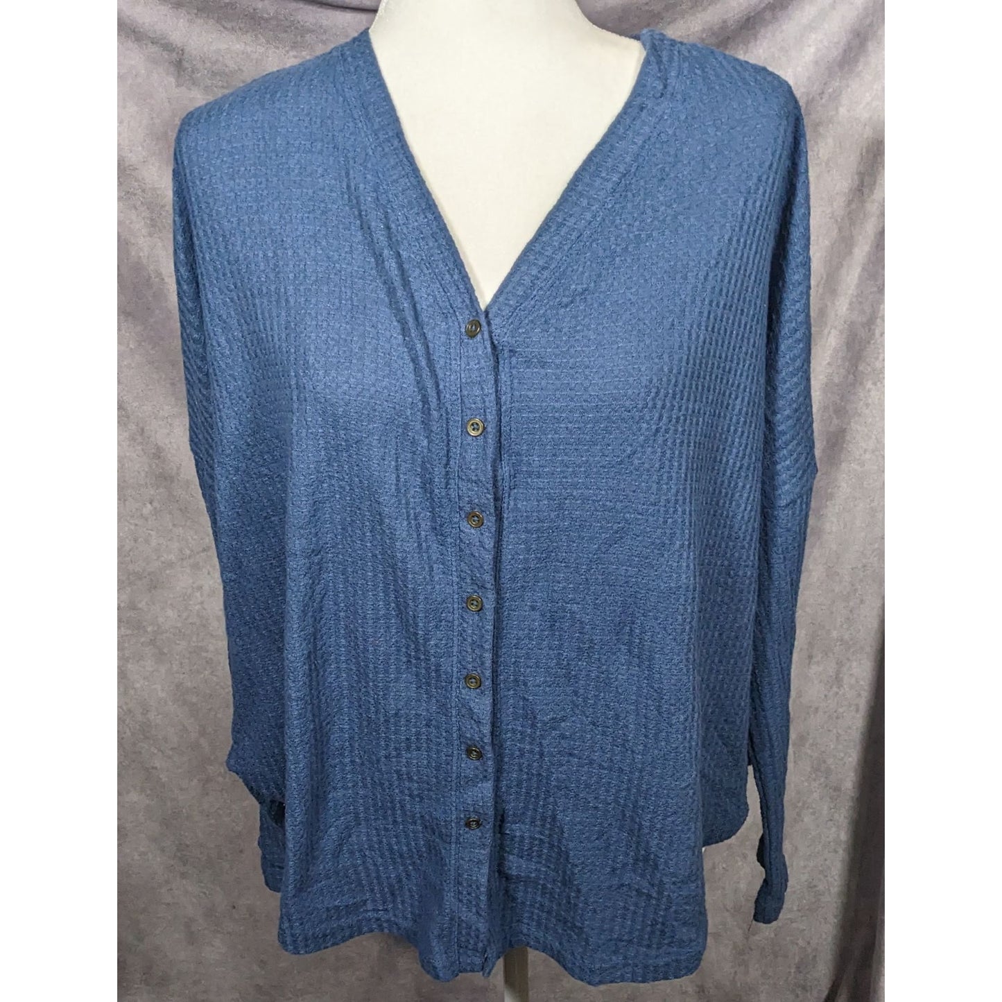 ANA Blue Button Down V Neck Thermal Long Sleeve Top