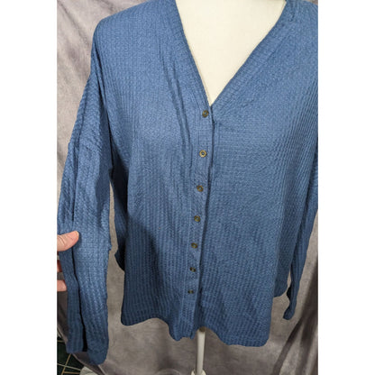 ANA Blue Button Down V Neck Thermal Long Sleeve Top