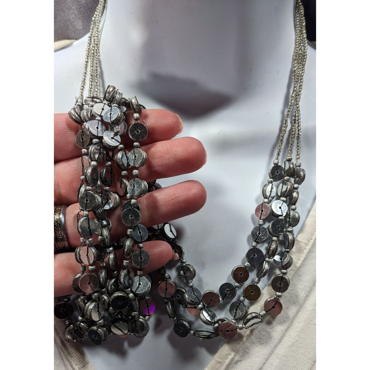 NY & Co. Sequin And Glass Beaded Silver Tone Multilayer Necklace