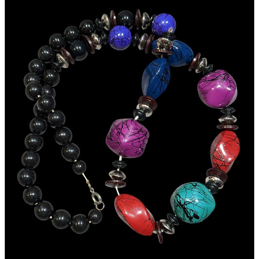 Vintage 90s Rainbow And Black Paint Splatter Beaded Necklace