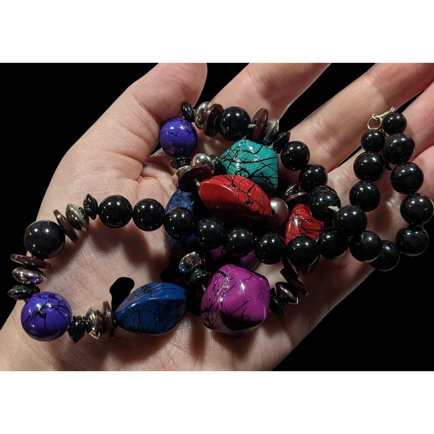 Vintage 90s Rainbow And Black Paint Splatter Beaded Necklace