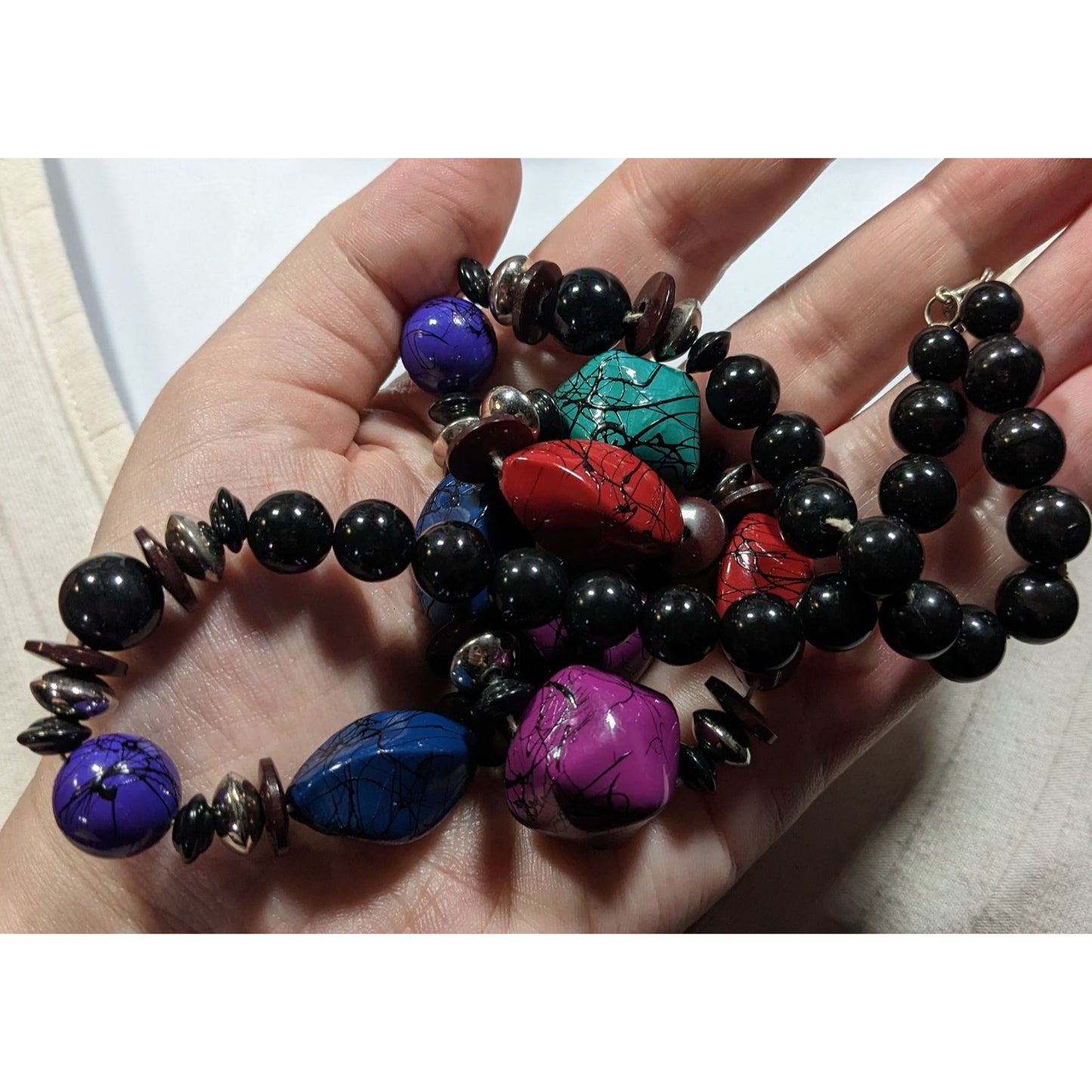 Vintage 90s Rainbow And Black Paint Splatter Beaded Necklace