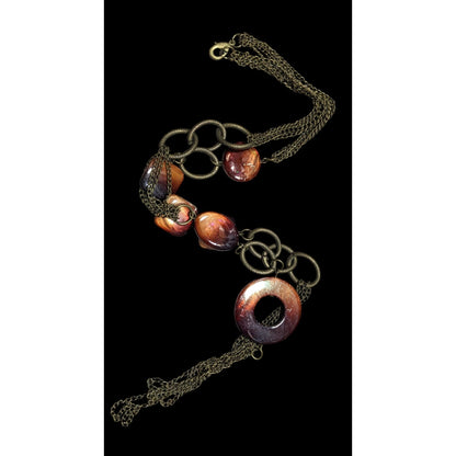 Vintage Multilayered Bronze Chain Necklace With Brown Shell Beads & Circular Pendant