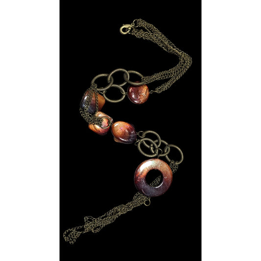 Vintage Multilayered Bronze Chain Necklace With Brown Shell Beads & Circular Pendant