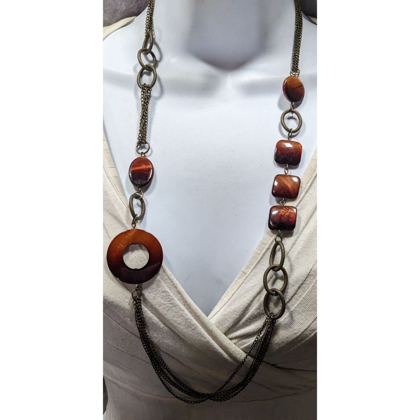 Vintage Multilayered Bronze Chain Necklace With Brown Shell Beads & Circular Pendant