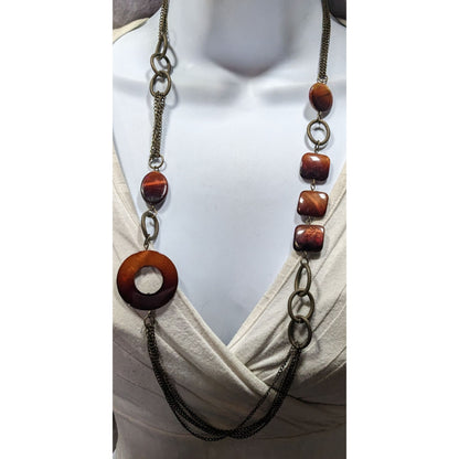 Vintage Multilayered Bronze Chain Necklace With Brown Shell Beads & Circular Pendant