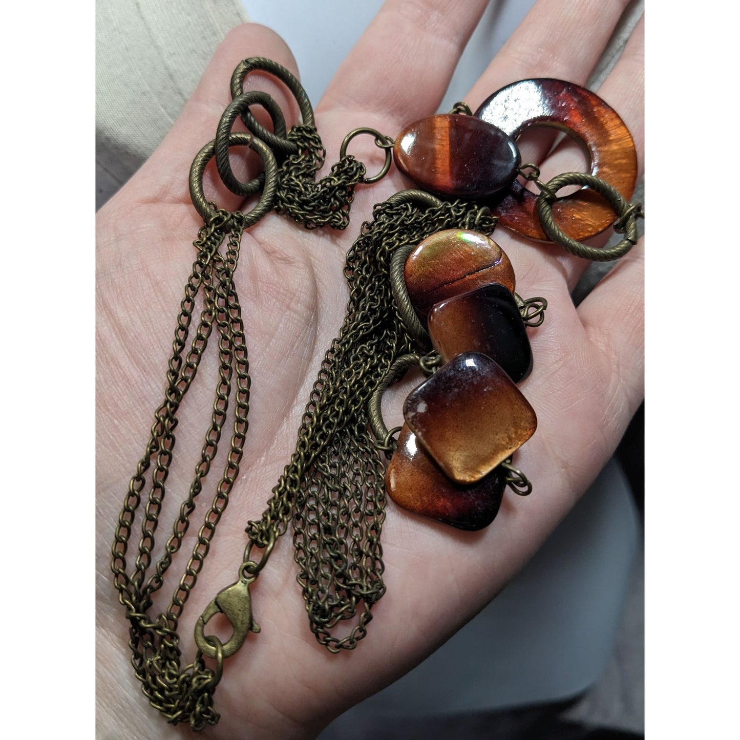 Vintage Multilayered Bronze Chain Necklace With Brown Shell Beads & Circular Pendant