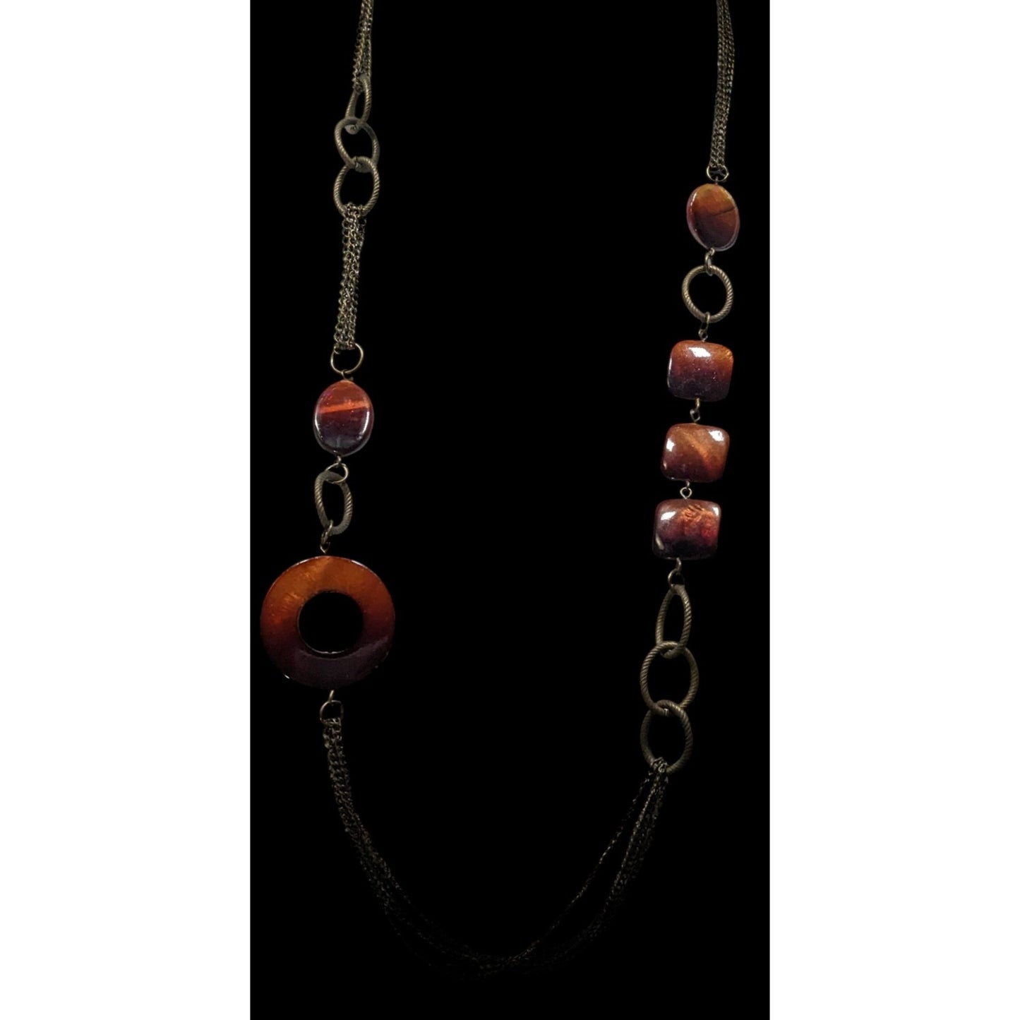 Vintage Multilayered Bronze Chain Necklace With Brown Shell Beads & Circular Pendant