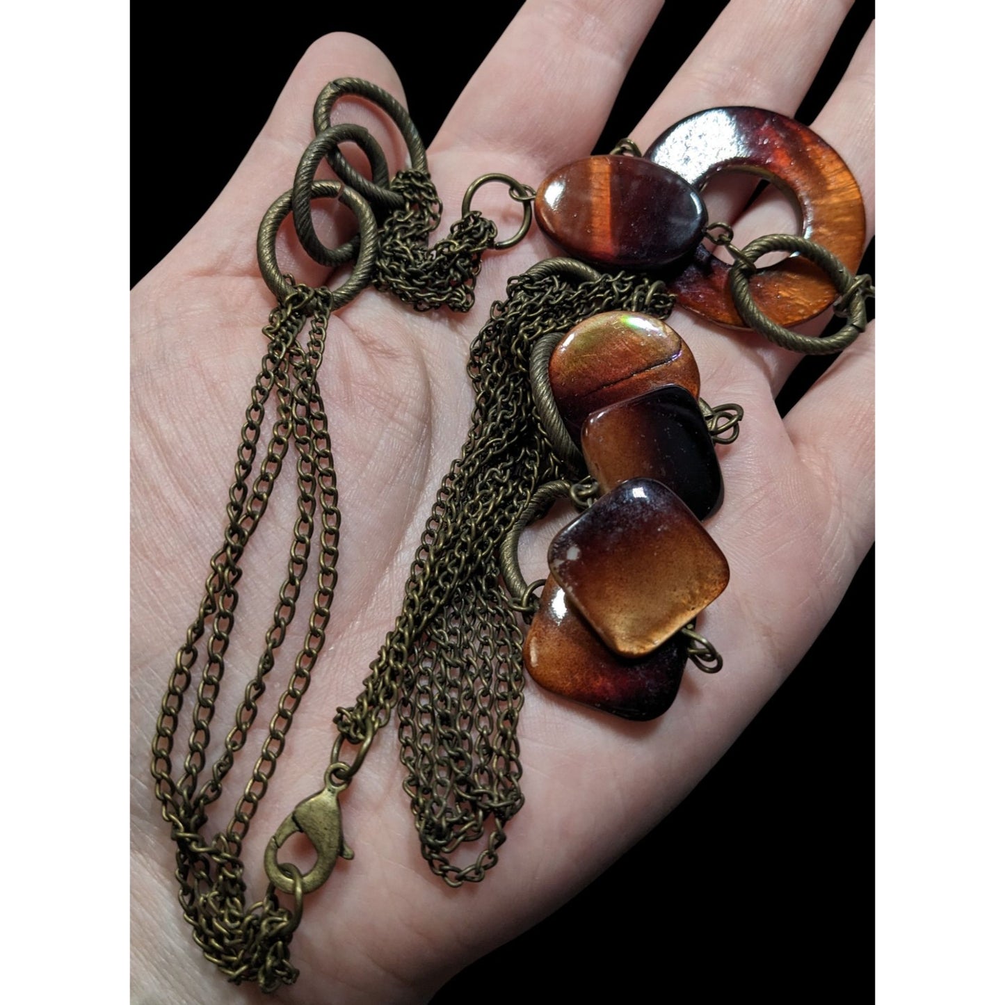 Vintage Multilayered Bronze Chain Necklace With Brown Shell Beads & Circular Pendant