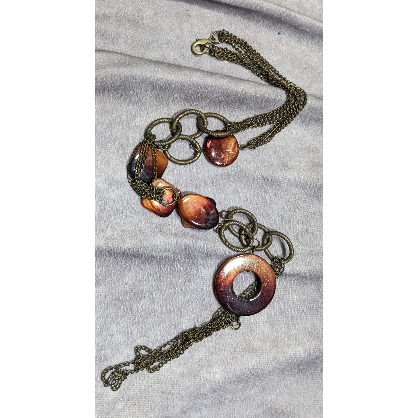 Vintage Multilayered Bronze Chain Necklace With Brown Shell Beads & Circular Pendant