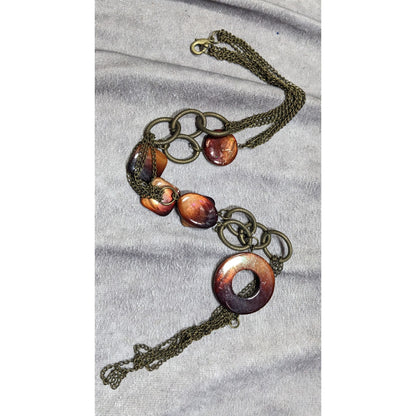 Vintage Multilayered Bronze Chain Necklace With Brown Shell Beads & Circular Pendant